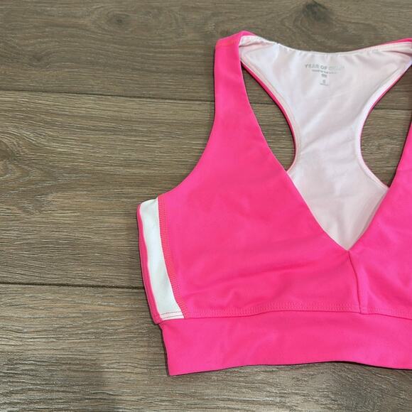 YEAR OF OURS Hot Pink White Racer V Neck Active Workout Gym Sports Bra Size S - Picture 3 of 9